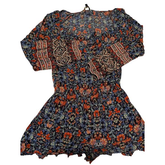American Eagle Outfitters Floral Romper 100% Viscose Shorts M Boho Peasant - Picture 1 of 8